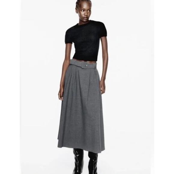Zara Belted Cape Midi Skirt A Line Grey Elegant Casual Wardrobe Women's L - Picture 1 of 14
